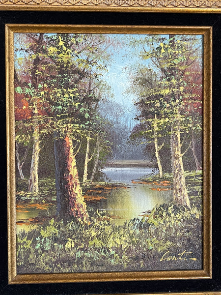 Vintage Oil Painting of Trees on Pond closeup
