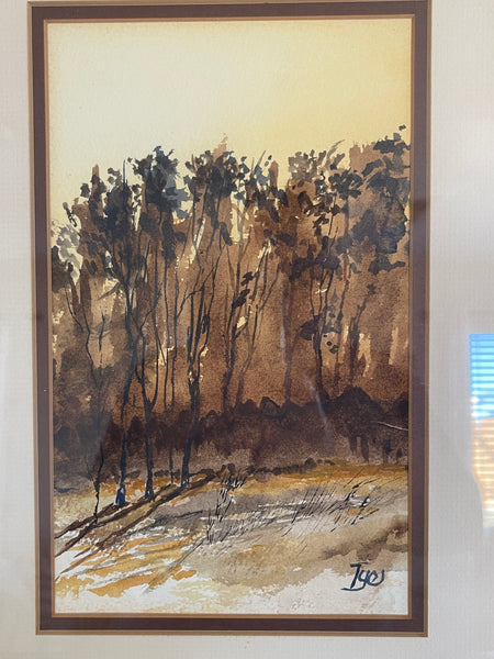 Trees watercolor framed art print signed by the artist Jackie Tye closeup