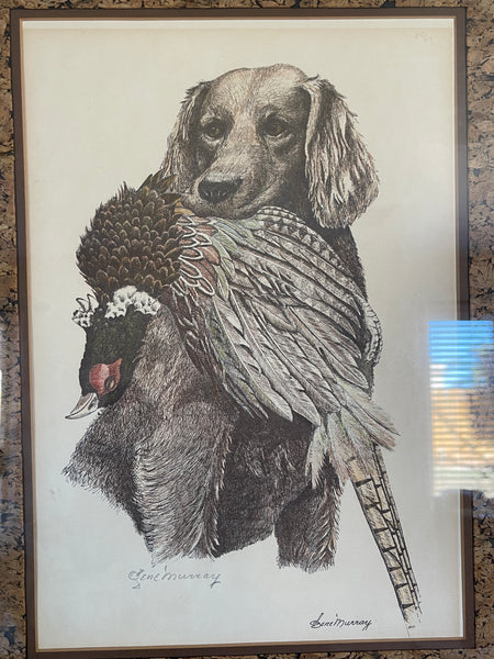Vintage Signed Print Dog with Bird in Mouth closeup