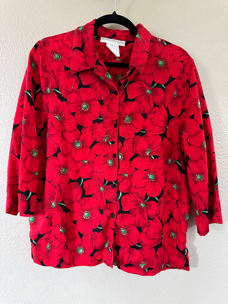 Jones New York Women's Red Floral Long Sleeve Blouse