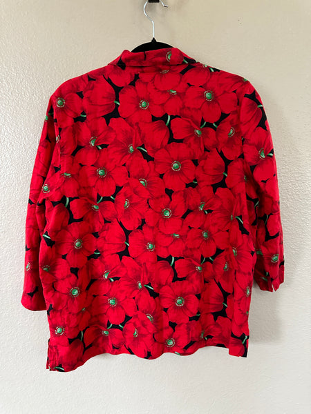 Jones New York Women's Red Floral Long Sleeve Blouse