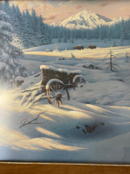 Signed Lithograph Psalm 147 16 Wagon in Snow by Larry Dyke closeup