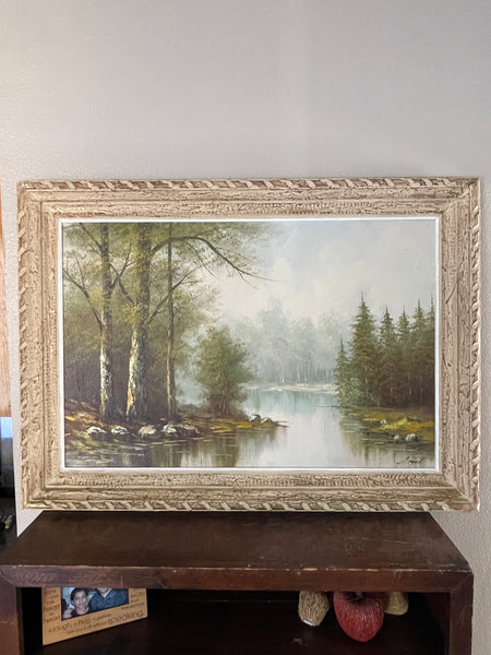 Oil on Canvas Forest Lake Signed Angel