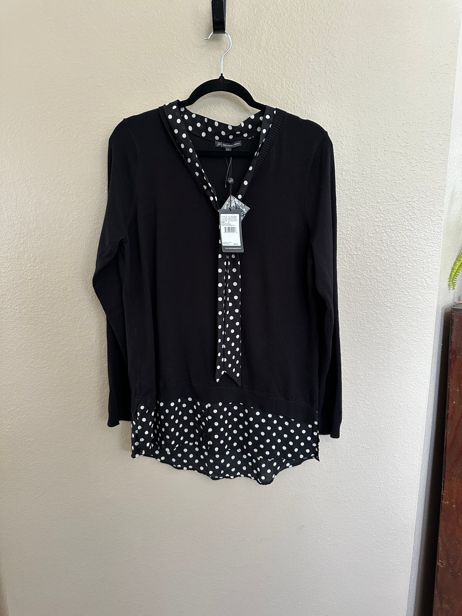 Adrianna Papell Black & White Polka Dot Long Sleeve Blouse