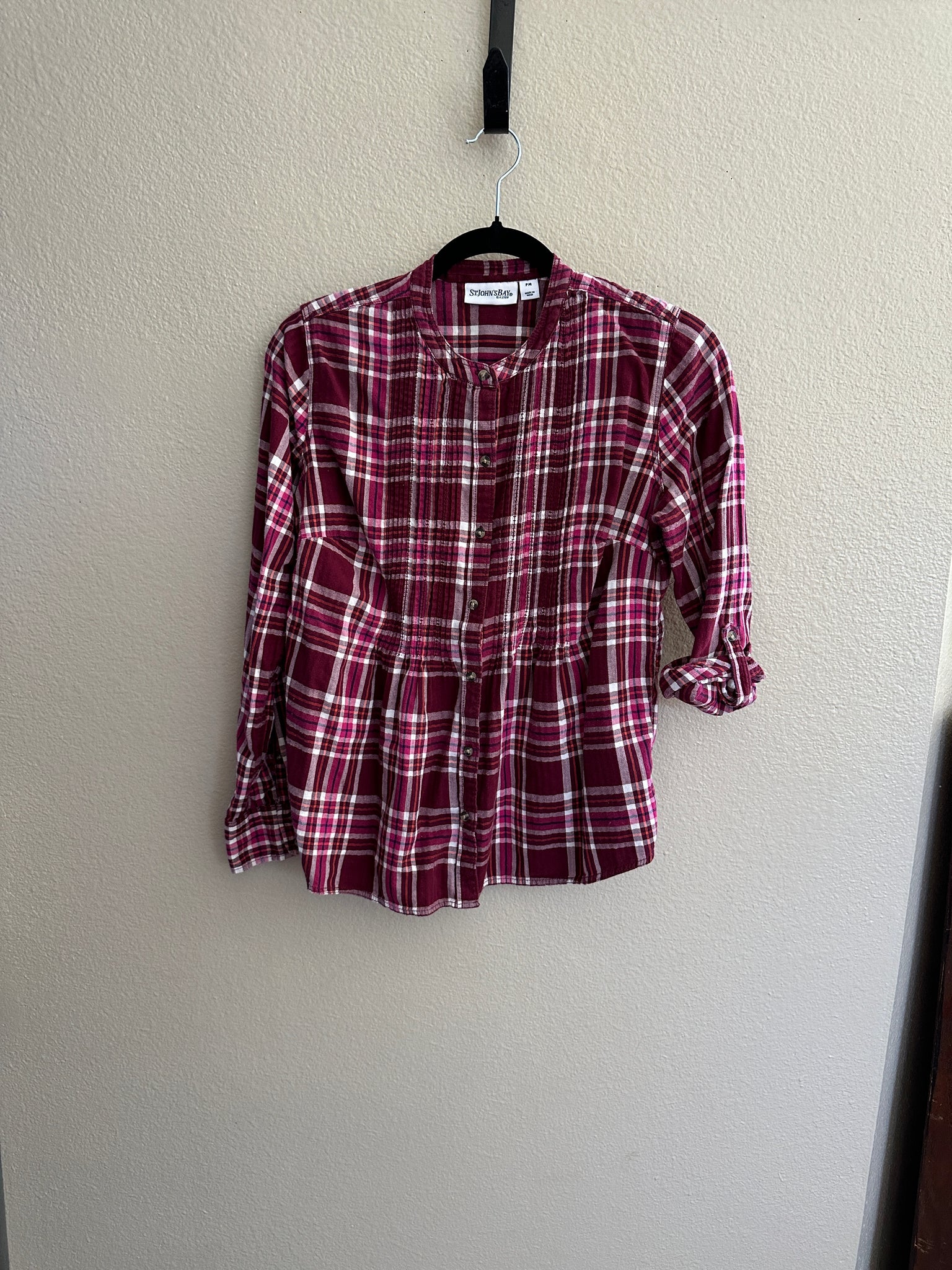 St Johns Bay Women's Maroon Long Sleeve Plaid Blouse