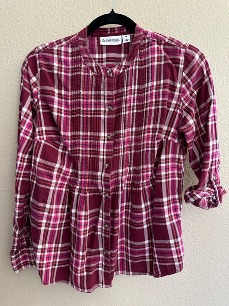 St Johns Bay Women's Maroon Long Sleeve Plaid Blouse