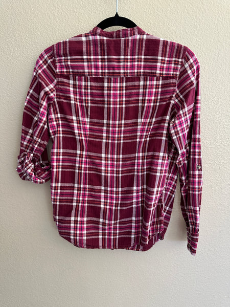 St Johns Bay Women's Maroon Long Sleeve Plaid Blouse