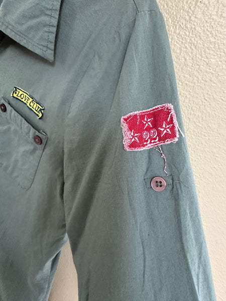 Derek Heart Olive Green Love Army Patch Collar Button Up