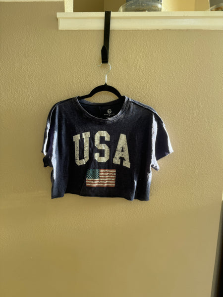 Social Culture Women's Blue Cropped USA Shirt