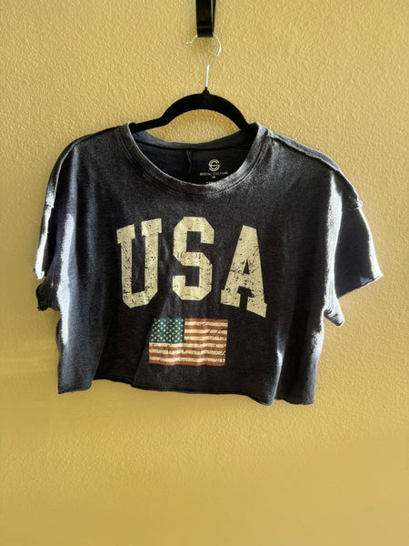 Social Culture Women's Blue Cropped USA Shirt