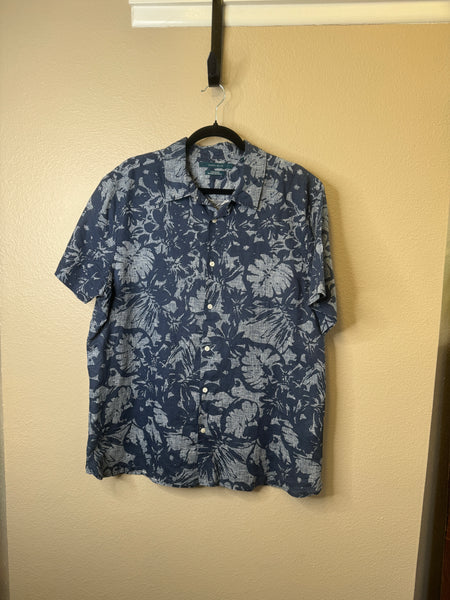 Perry Ellis Men's Linen Blue Hawaiian Shirt