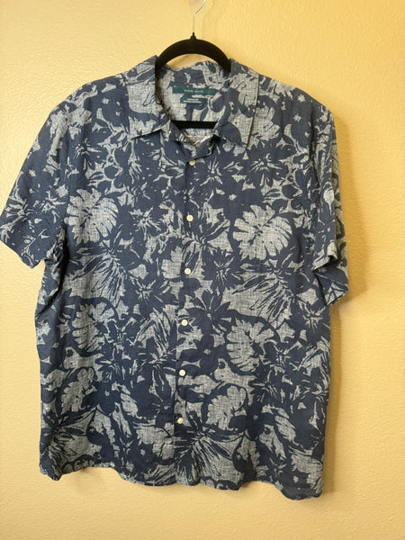 Perry Ellis Men's Linen Blue Hawaiian Shirt