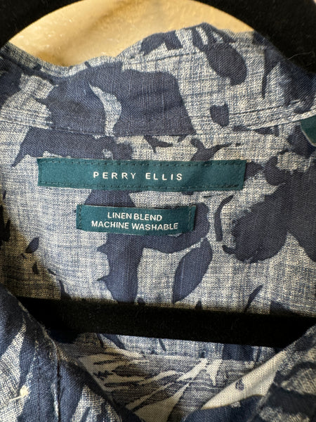 Perry Ellis Men's Linen Blue Hawaiian Shirt