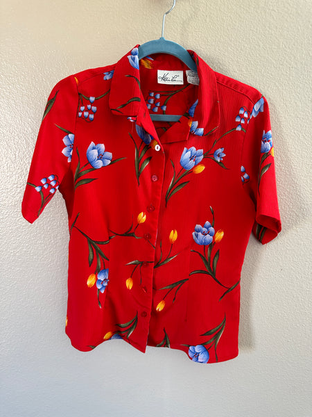 Kathie Lee Red Floral Hawaiian Blouse