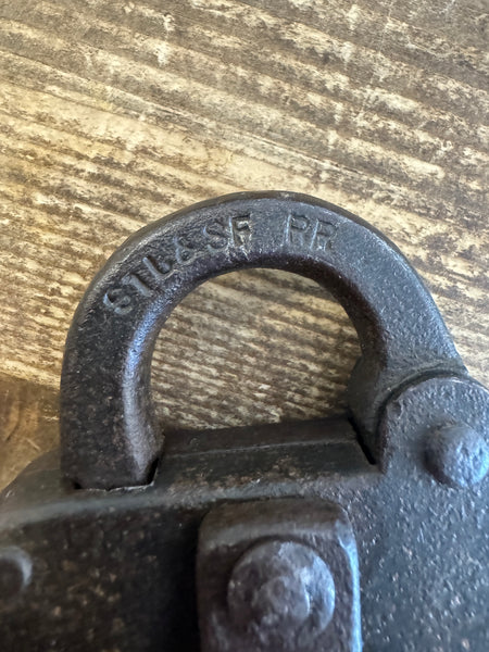 Antique St Louis San Francisco Railroad Padlock and key  closeup on stl 7 SF rr