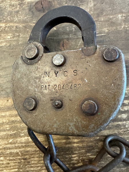 Antique NYCS Railroad Padlock and Key back stamp closeup