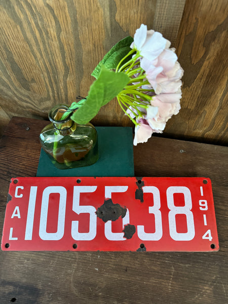 Antique 1914 CA State Red License Plate 