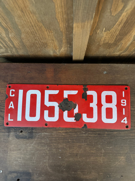 Antique 1914 CA State Red License Plate front