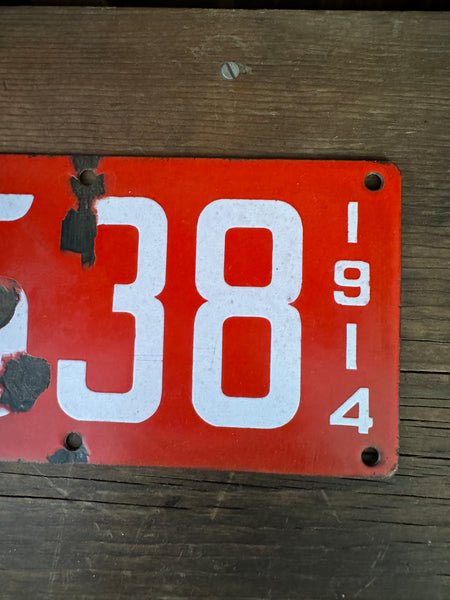 Antique 1914 CA State Red License Plate right side closeup