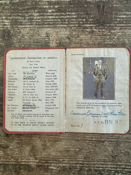 Antique Radio Operators Service Record Book inside with servicemans photo