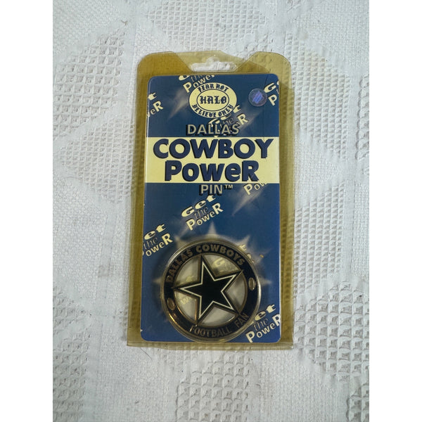 Vintage Dallas Cowboys Magnetic Fan Badge Power Pin NFL Licensed 1990s NIB. Dallas Cowboys Power pin in its original blister card packaging, featuring a gold-toned circular pin with a black star and white text, set against a blue and yellow backing card.