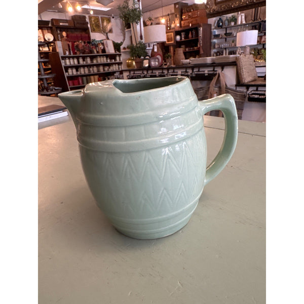 Vintage UHL Celadon Green Ceramic Pitcher with Herringbone Texture Barrel Design