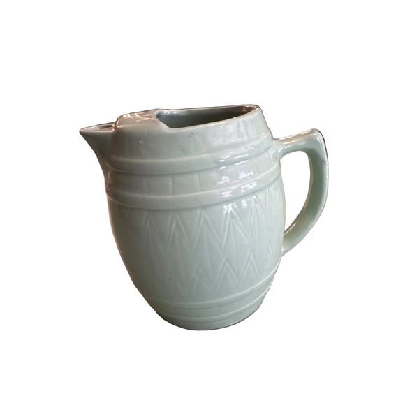 Vintage UHL Celadon Green Ceramic Pitcher with Herringbone Texture Barrel Design