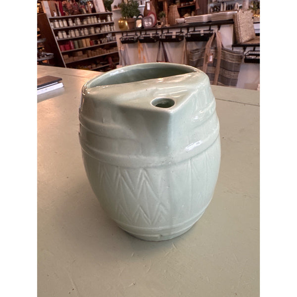 Vintage UHL Celadon Green Ceramic Pitcher with Herringbone Texture Barrel Design
