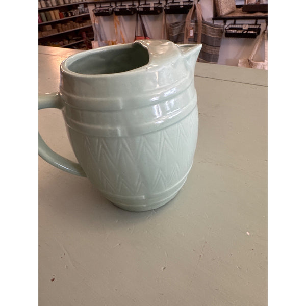 Vintage UHL Celadon Green Ceramic Pitcher with Herringbone Texture Barrel Design