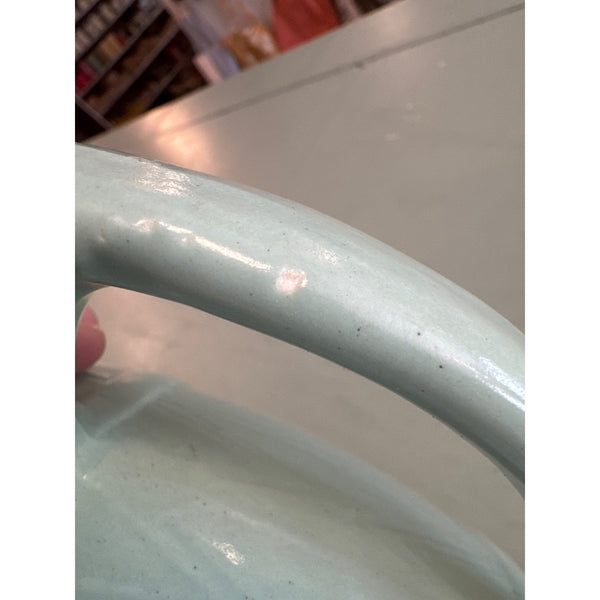 Vintage UHL Celadon Green Ceramic Pitcher with Herringbone Texture Barrel Design