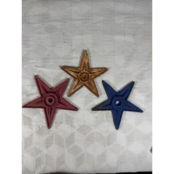 Set Of 3 Distressed Cast Iron Stars In Red White and Blue Finish Rustic Patina