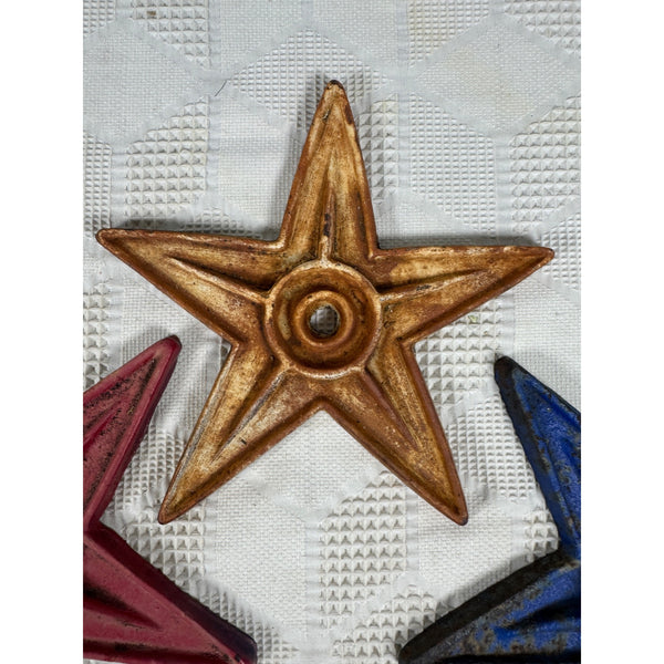 Set Of 3 Distressed Cast Iron Stars In Red White and Blue Finish Rustic Patina