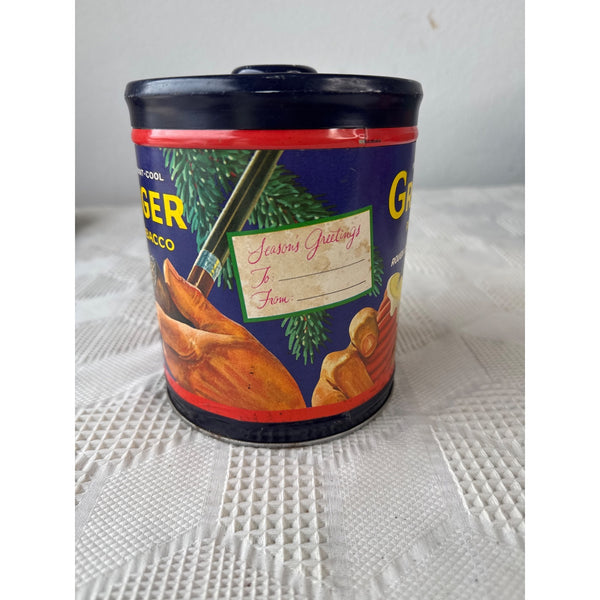 Vintage Granger Pipe Tobacco Tin Canister w Rare Holiday Paper Label Christmas