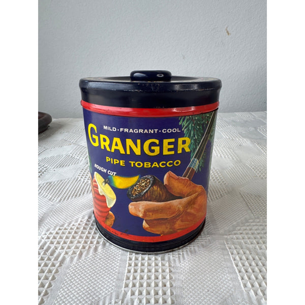 Vintage Granger Pipe Tobacco Tin Canister w Rare Holiday Paper Label Christmas