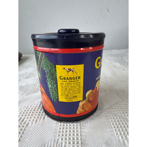 Vintage Granger Pipe Tobacco Tin Canister w Rare Holiday Paper Label Christmas