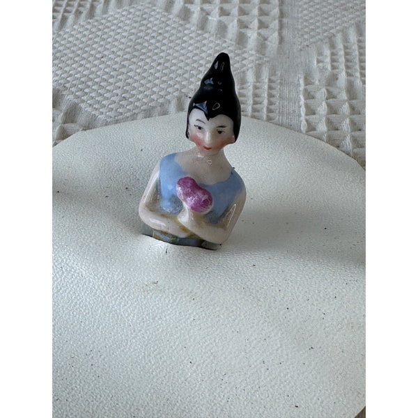 Vintage German Porcelain Half Doll Pin Cushion Figurine Holding Pink Flowers 