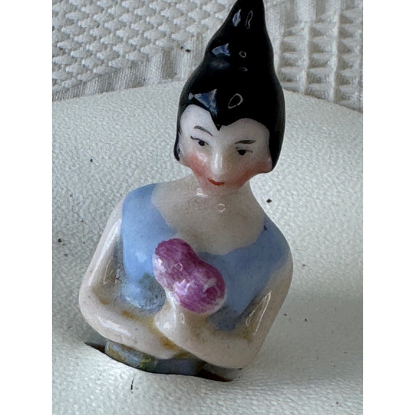 Vintage German Porcelain Half Doll Pin Cushion Figurine Holding Pink Flowers