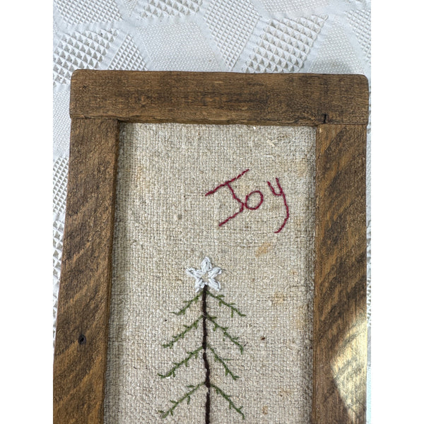 Hand Embroidered Rustic Joy Christmas Tree Wall Art In Wooden Frame Farmhouse