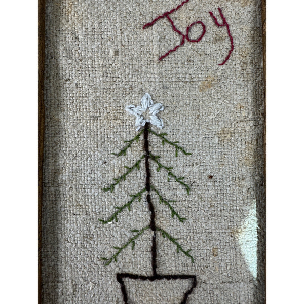 Hand Embroidered Rustic Joy Christmas Tree Wall Art In Wooden Frame Farmhouse