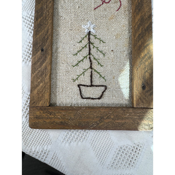 Hand Embroidered Rustic Joy Christmas Tree Wall Art In Wooden Frame Farmhouse