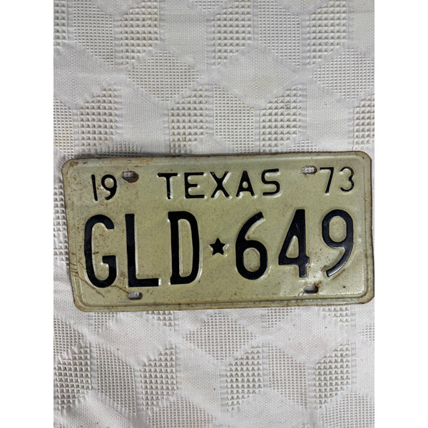 Vintage 1973 Texas License Plate GLD 649 White w Black Embossed Lettering Metal