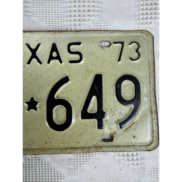 Vintage 1973 Texas License Plate GLD 649 White w Black Embossed Lettering Metal