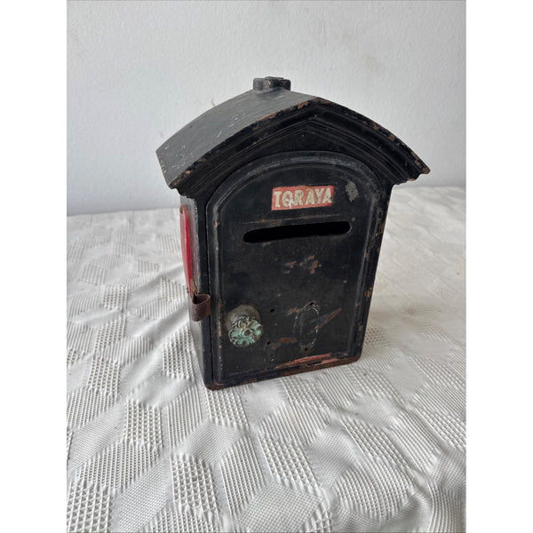 Vintage Toraya Black Cast Iron Post Box w Red Reflectors Antique Mail Box