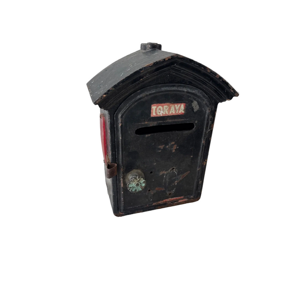 Vintage Toraya Black Cast Iron Post Box w Red Reflectors Antique Mail Box