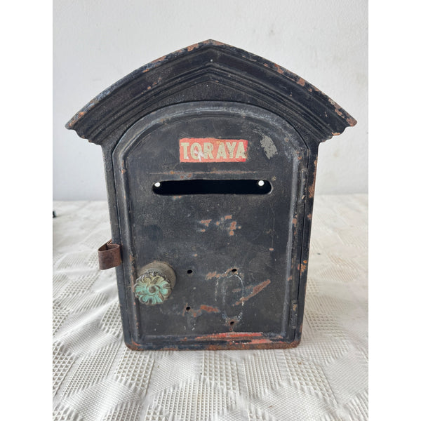 Vintage Toraya Black Cast Iron Post Box w Red Reflectors Antique Mail Box