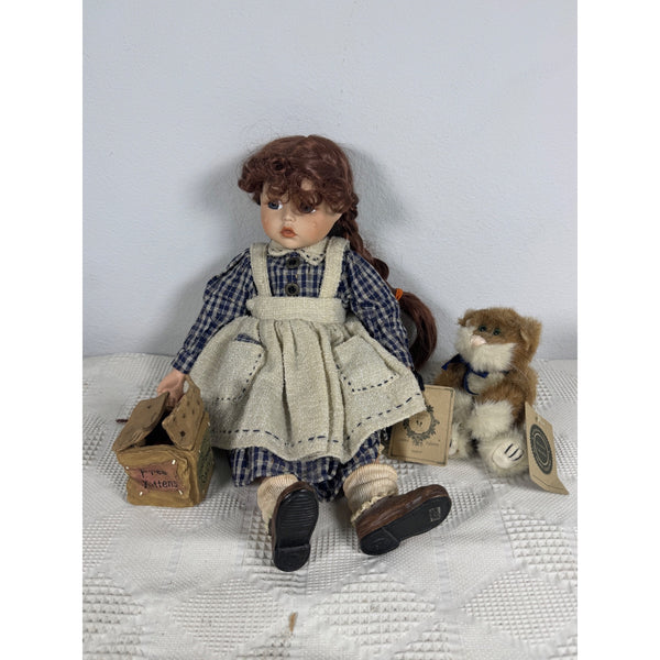 Boyds Bears Yesterdays Child Porcelain Doll "Jamie" With Plush Cat & Kitten Box