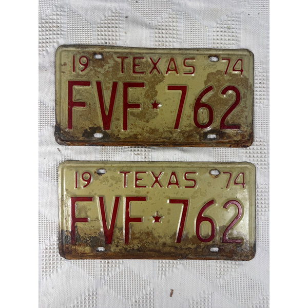 Vintage 1974 Texas License Plates Pair FVF 762 White w Red Embossed Lettering