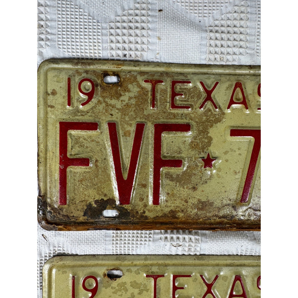 Vintage 1974 Texas License Plates Pair FVF 762 White w Red Embossed Lettering