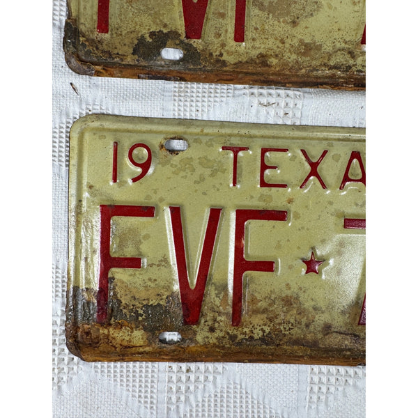 Vintage 1974 Texas License Plates Pair FVF 762 White w Red Embossed Lettering