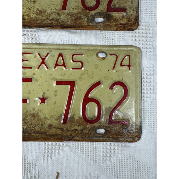Vintage 1974 Texas License Plates Pair FVF 762 White w Red Embossed Lettering